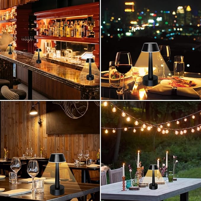 UMEXUS 2 Pack Rechargeable Small Cordless Table Lamp, LED Battery Operated Touch 3 Color Dimming Bedside Nightstand Desk Lamps Metal Portable Night Lights for Bedroom Bar Restaurant Outdoor Black