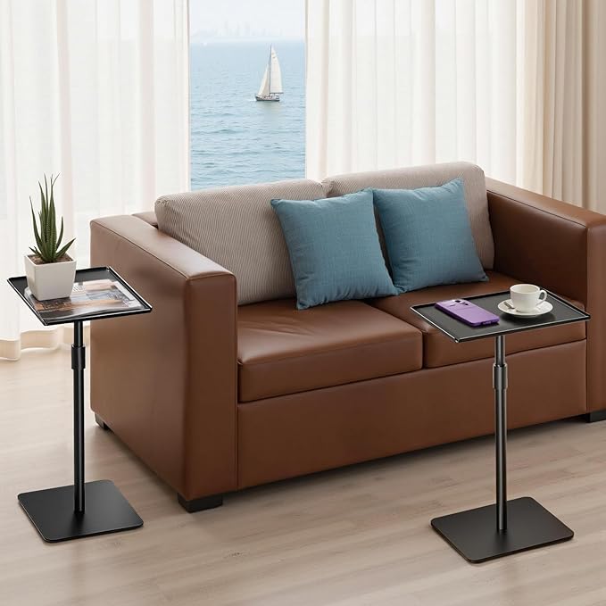 Height Adjustable C Shaped End Table,Metal Sofa Side Table,Small TV Tray Table for Small Spaces with Matte Black Tray,Bed Table Drink Coffee Tables for Bedroom,Black