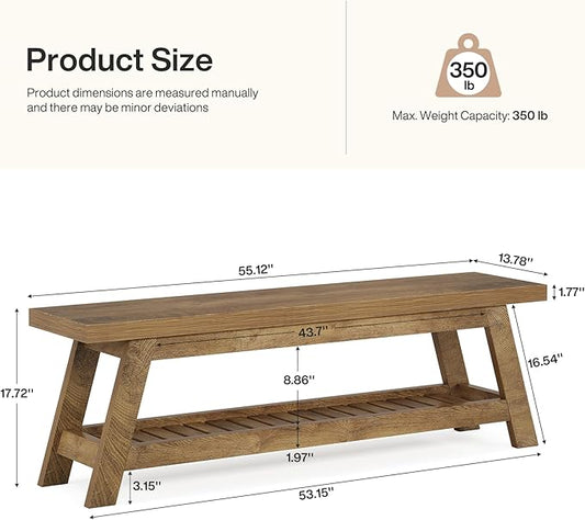 Tribesigns 55" Wood Entryway Bench with Shoe Storage, Large 2-Tier Narrow Hallway Foyer Seating Bench with Open Shelves for Entryway, Bedroom, Mudroom