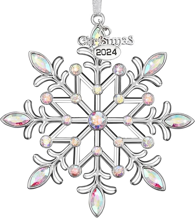 Christmas Snowflake Ornaments 2024 Decor for Christmas Tree Metal Hanging Rhinestones Glitter Crafts Snow Flake Decorations Indoor for Holidays Winter Home Window Room Door-Silver