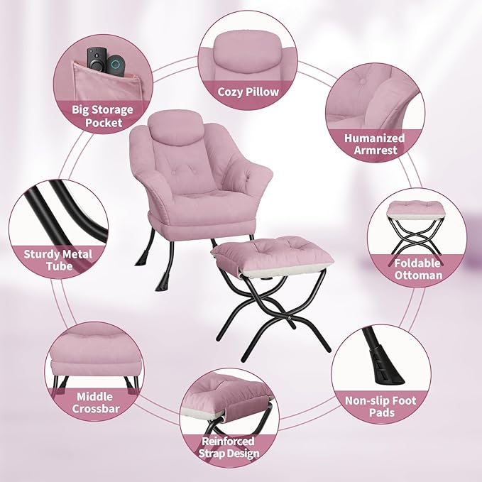 Living Room Chair Modern Accent Chair with Ottoman, Ergonomic Support, Foldable Footrest, Removable Washable Cover, Perfect for Bedroom and Living Room, Pink