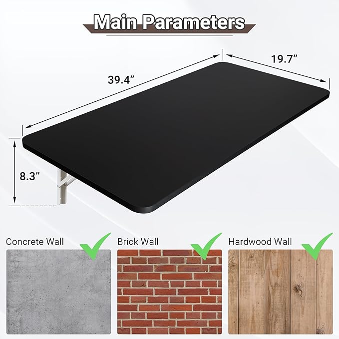 Wall Mounted Folding Table 39.4”L x 19.7”W, Laundry Folding Table with Heavy Duty Metal Collapsible Shelf Brackets, Wall Mounted Desk Fold Down for Small Spaces, Black
