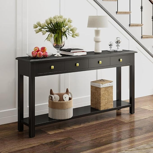 59.1 Inch Extra Long Console Table Black - Modern Entryway Table with Drawers & Storage, Narrow Sofa Table for Living Room