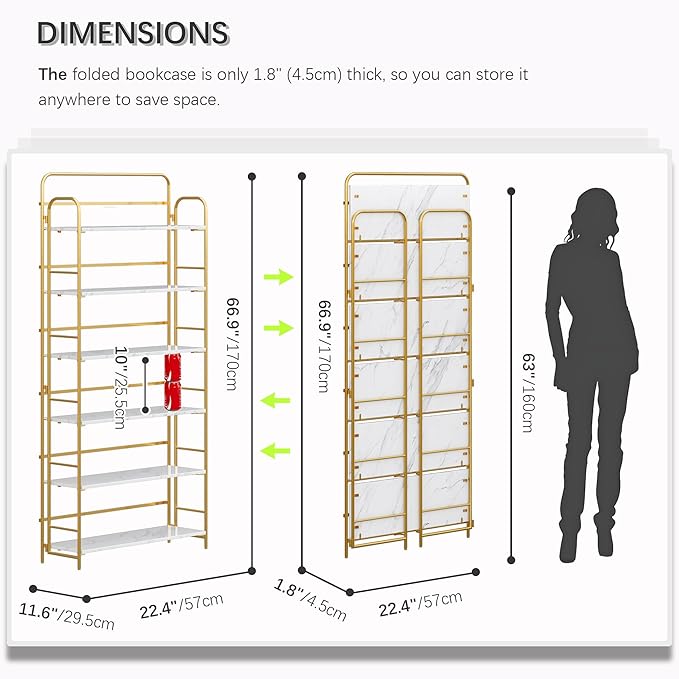 4NM No Assembly Folding Bookshelf, 6 Tiers Collapsible Book Shelves Open Industrial Foldable Storage Bookcase Shelf for Bedroom, Living Room, Home Office - White and Gold