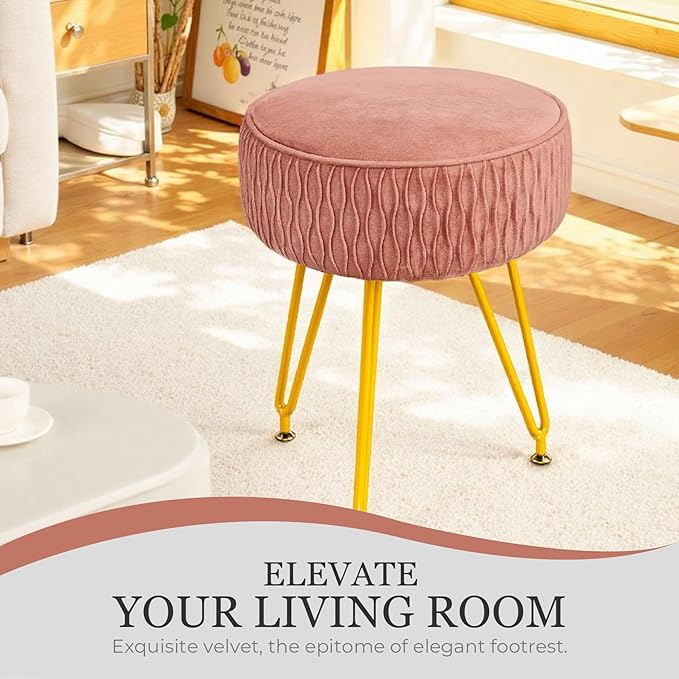Velvet Vanity Stool Footrests, Round Ottoman Vanity Chairs with Anti-Slip Feet, Dressing Table Seat Foot Stool with Black Legs, Furry Padded Seat Side Table for Makeup Bedroom(Pink, Golden)