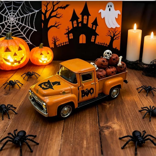 Halloween Decorations Indoor Vintage Metal Truck with Mini Fake Skulls and Pumpkins Cute Ghost Decor Scary Farmhouse Halloween Centerpieces for Table Home Mantel Pumpkin Tiered Tray Decor Party Gift