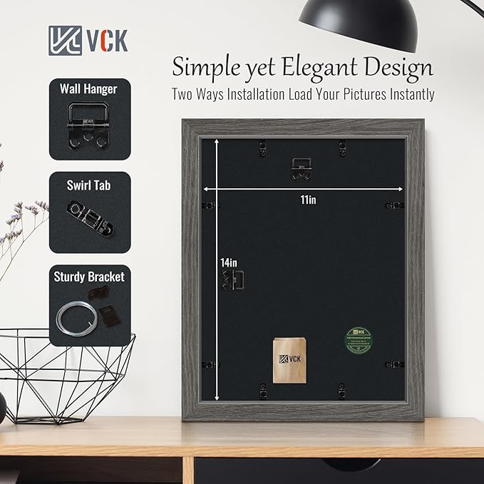 VCK 11x14 Picture Frame 5 Pack - Grey, High-End Wood Poster Frames with Tempered Glass, Display 8x10 Photo with Mat or 11x14 without Mat, Art Gallery-Quality, Wall Hanging, Grey