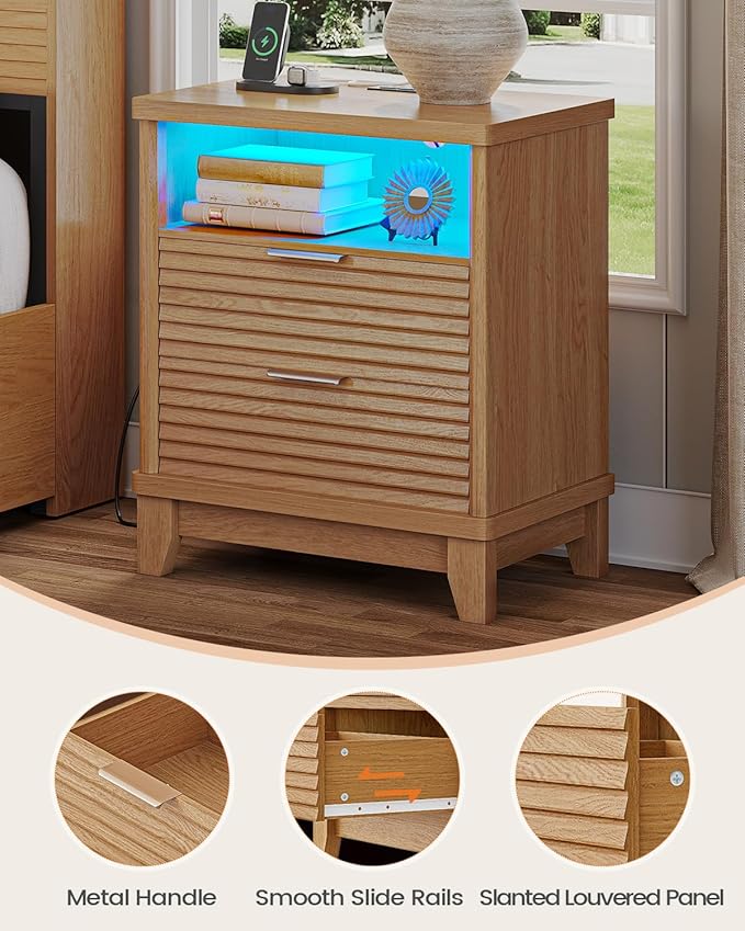 AOGLLATI Fluted Nightstand with Charging Station and 2 Drawers, Wood Nightstand, Beside Table with Open Storage and Led Lights, Retro End Side Table for Bedroom, Wood