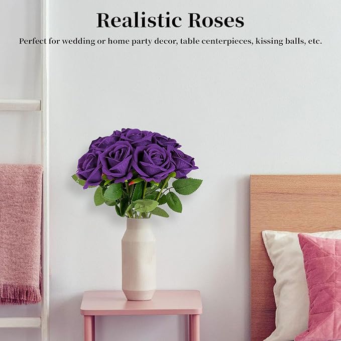 10 PCS Artificial Roses with Long Stems Silk Flowers Realistic Foam Flowers Fake Roses for Valentine's Day Home Wedding Halloween Decor(Dark Purple)