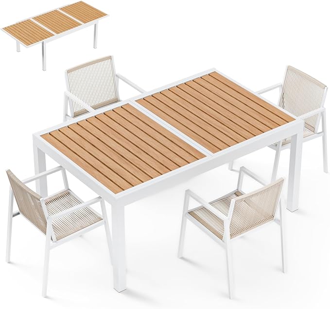 ZANDOR Expandable Outdoor Dining Set for 4-6-8,Patio Table and Chairs Set with Wood Top for Garden,Backyard,Porch,55"-82.7" Extendable Aluminum Outdoor Table Set with 4 Chairs,White