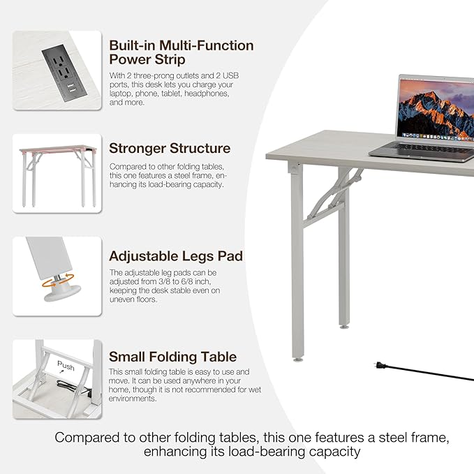 TEMI Long Computer Desk Folding Table - No Assembly, Compact 55.1" Foldable Desk with Power Outlets & USB Charging Port, Portable Lagre Office Desk, Ideal Large Study Table for Narrow Spaces,White Ash