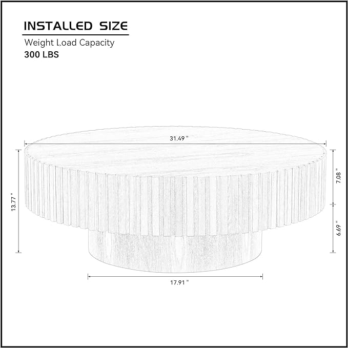 31.49" Black Round Coffee Table for Living Room Modern Wood Fluted Coffee Table with Pedestal Base Circle Accent Table for Apartment Easy Assembly (Watt Black,Round+Ø31.49"x13.97")
