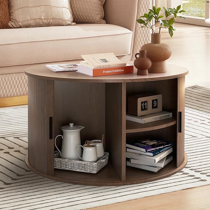 Coffee Table with Storage,31.5" Wood Round Coffee Table Hidden Storage and Open Shelves with 360°Curved Sliding Door,for Living Room Office Apartment,Brown