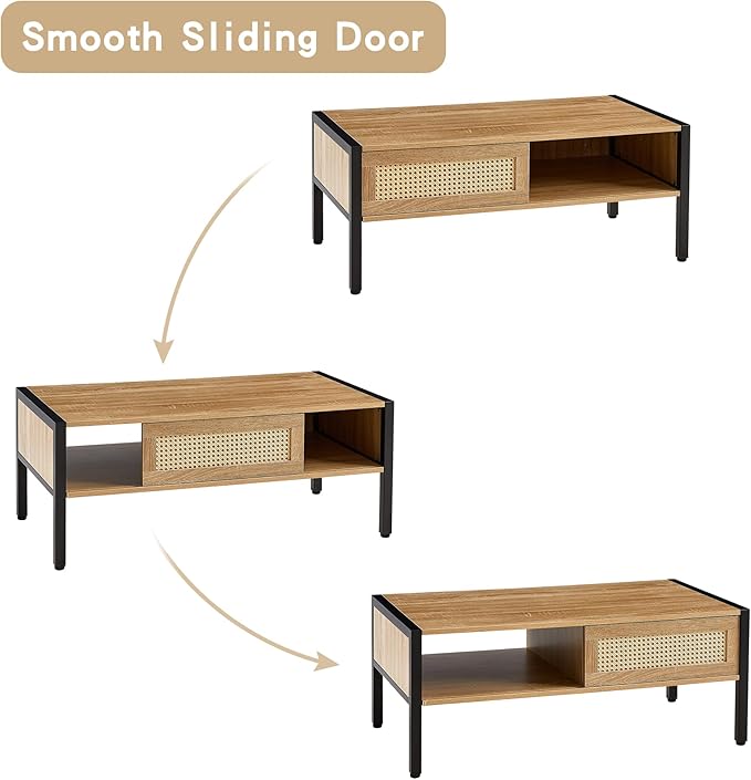 40.16" Modern Rattan Coffee Table with Sliding Door Storage, Metal Legs - Stylish Living Room Center Table, Rustic Brown Woven Design, Sturdy & Spacious