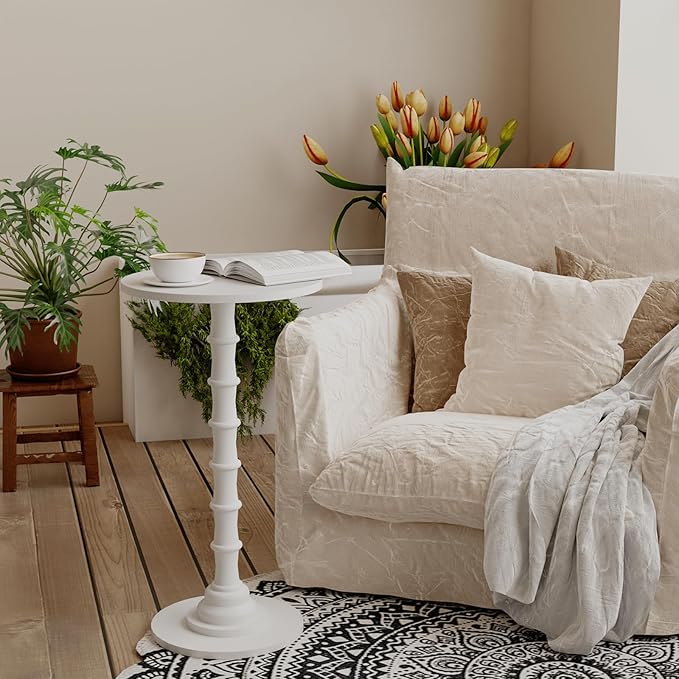 Round Side Table, Modern Drink Table for Small Spaces, Small End Table with Solid Wood Leg for Living Room, Bedroom, Corners, and Office (White)