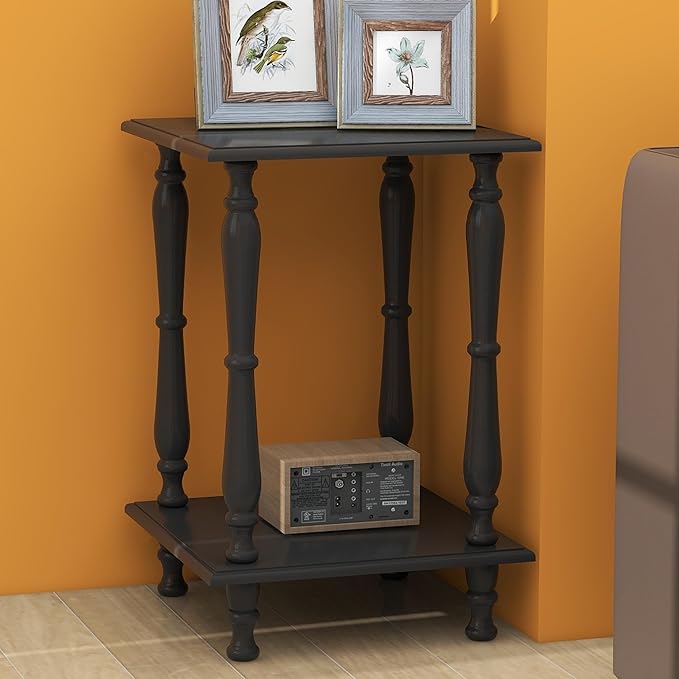 TaoHFE Square Black French Style End Side Table with Open Shelf Retro Vintage 2-Tier Bedside Table for Living Room Small Space