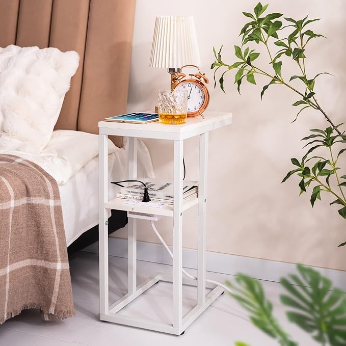 Yoobure C Shaped End Table with Charging Station, Small Side Tables for Living Room Bedroom, Sofa Table with USB Ports and Outlets for Small Spaces, Rustic Bed Side Table