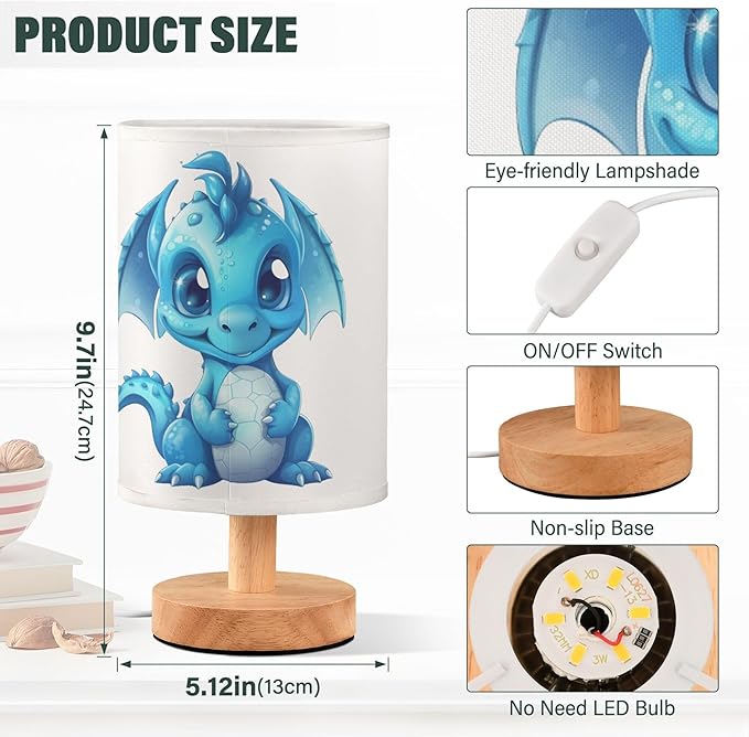Table Lamp Blue Dragon Nightstand Lamp with Wood Base Fabric Lamp Shade Bedside Desk Lamp for Living Room Bedroom Kids Room Office