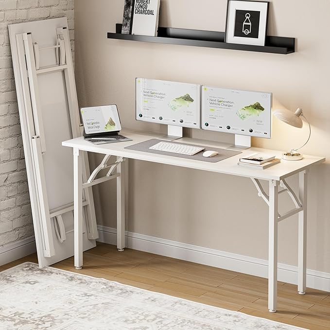 Frylr Small Folding Computer Desk – Portable 55.1 Inch Foldable Laptop Table, Collapsible and Compact for Easy Storage and Fast Setup, Lightweight for Small Spaces, Craft and Study Use, White
