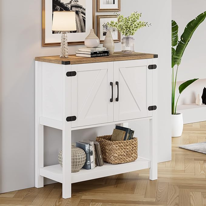 Console Table Coffee Bar Cabinet Sofa Table,31.5 L x 13.8 D x 34.65 H,Entryway Table with 2 Storage Cabinets, Farmhouse Buffet Sideboard for Kitchen, Foyer,Hallway (White)
