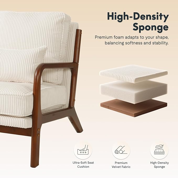 FLEXISPOT AC1 Mid Century Modern Accent Chair, Corduroy Upholstered Armchair with Lumbar Pillow & Thickened Backrest, Comfy Reading Chair with Wood Frame for Living Room, Bedroom, Balcony (White)