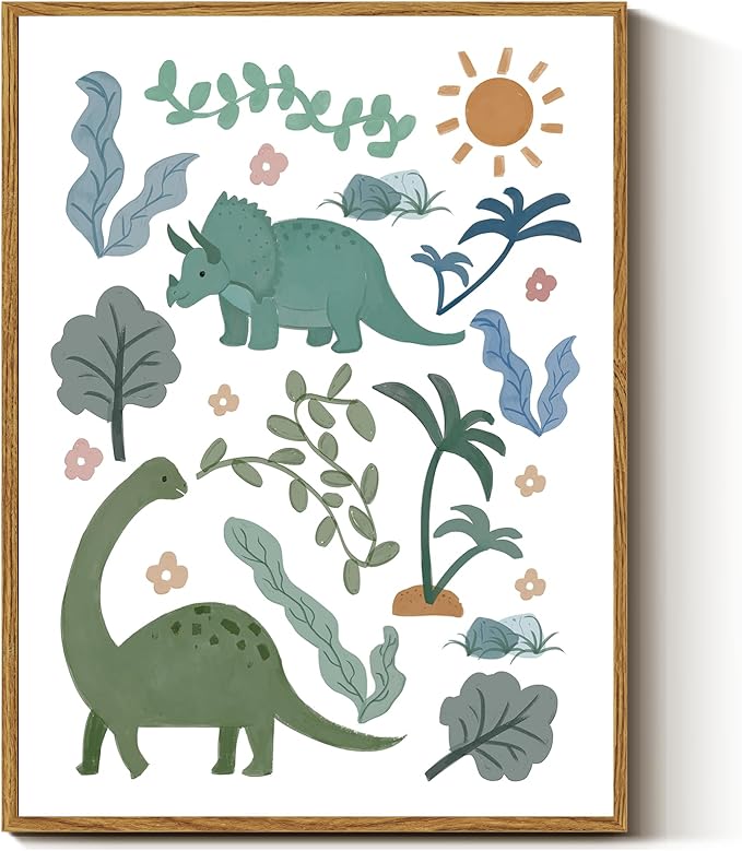 InSimSea Framed Canvas Prints Art Vintage Decor, Green Blue Dino Flower Nursery Animal Painting, Dinosaur Wall Art for Kids Toddler Bedroom Boys Gift Room Small Shelf Decor, 12x16inch