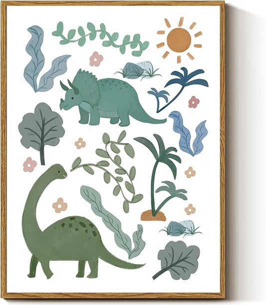 InSimSea Framed Canvas Prints Art Vintage Decor, Green Blue Dino Flower Nursery Animal Painting, Dinosaur Wall Art for Kids Toddler Bedroom Boys Gift Room Small Shelf Decor, 12x16inch