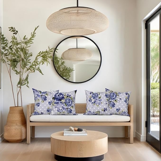 Blue Flower Throw Pillow Covers 16"x16" Set of 4, Vintage Floral Sofa Pillowcases for Chair Couch Bed Living Room Office Car Garden Patio Farmhouse Indoor Outdoor Decorative