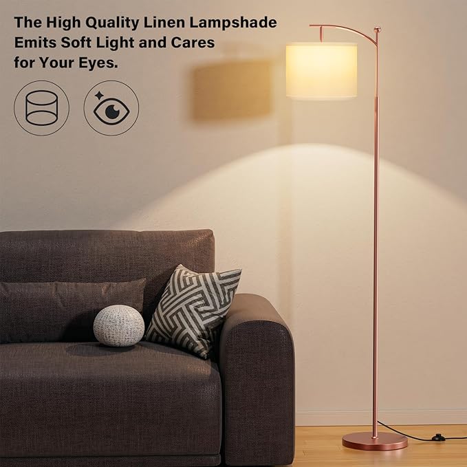 60" Floor Lamp With 3 Color Temperatures, Adjustable White Shade, Rose Gold Pole - Tall Lamp for Living Room, Bedroom, Office, Classroom, Dorm - 9W Bulb Included