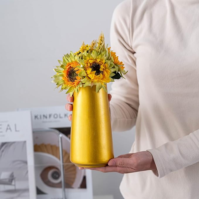 Gold Vase - 8" Gold Ceramic Flower vase for Home/Table/Accent Decor, Minimalist Modern Vases for Centerpieces, Room Decor, Living Room, Bedroom or Gift