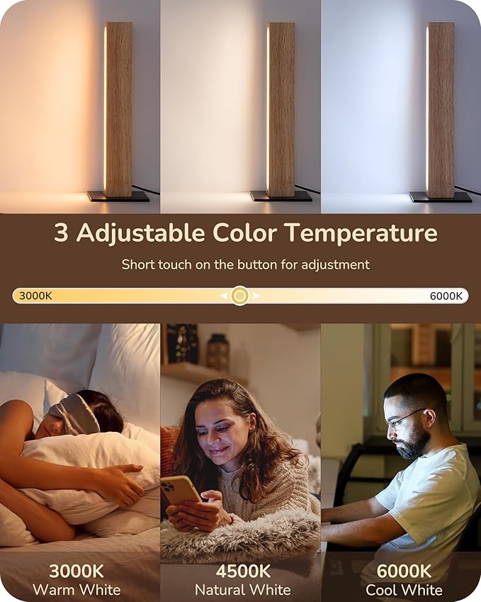 EDISHINE LED Wood Table Lamp, 3-Color Temperature Minimalist Bedside Lamp, Stepless Dimmable & Memory Function, Touch Switch, Square Nightstand Lamp for Bedroom, Living Room, One-Step Installation