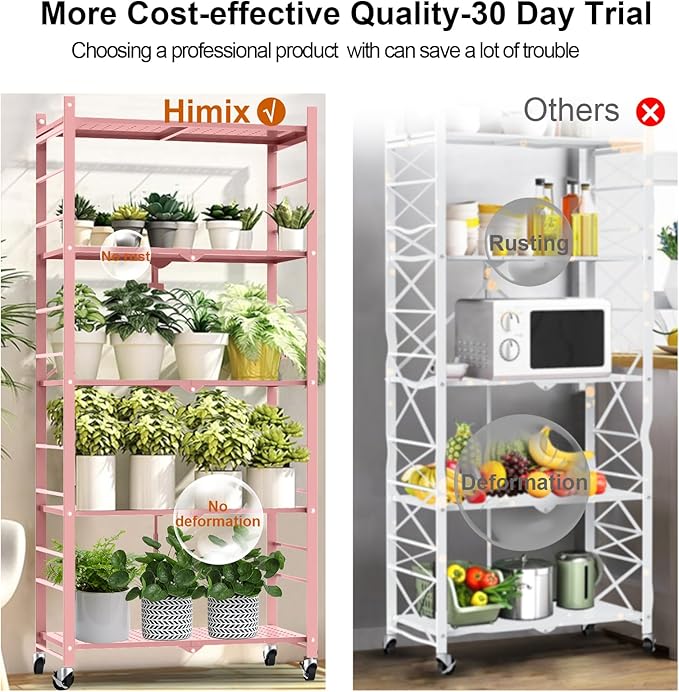 Storage Shelves with 20 Hooks, 5-Tier Foldable Shelves for Storage, Folding Shelf Unit Pantry Shelves with Wheels, Standing Shelving Unit for Kitchen Garage Home Office Room Greenhouse, Pink