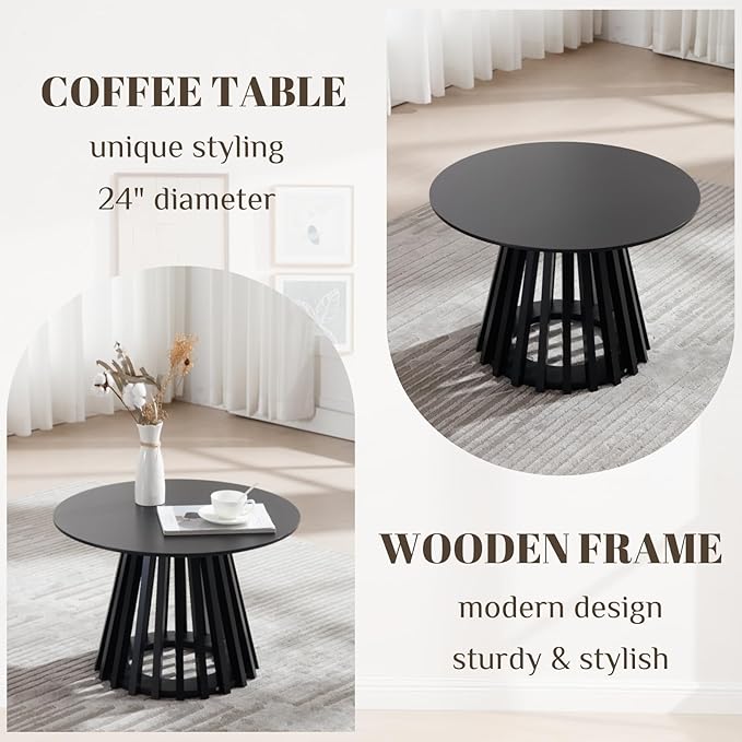 HEAH-YO Round Coffee Table, Circle End Table with Pedestal Base, 24 Inch Modern Side Table for Living Room Home Small Space Office, Black