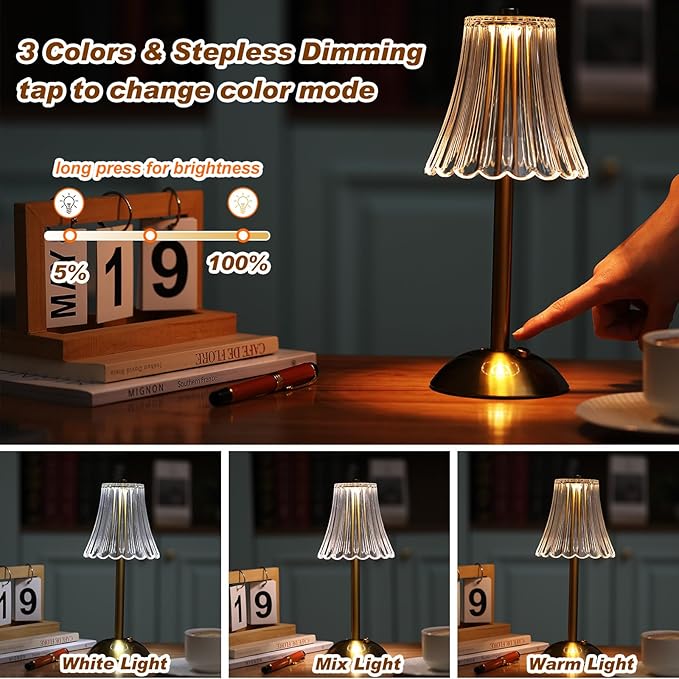 Liliful 20 Pcs LED Portable Cordless Table Lamp Touch Battery Operated Rechargeable Gold Desk Lamp 3 Color Dimmable for Bedroom Living Room Dining (Gold,Rose Style)