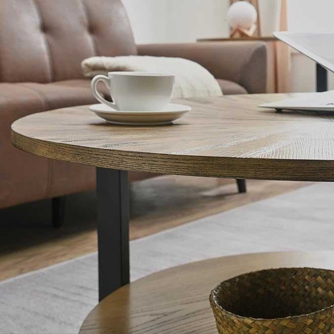 Round Coffee Table with Storage Shelf, 33.5in Circle Accent Center Table with Black Metal Legs, 2-Tier Industrial Cocktail Table for Living Room, Yellowish Brown-1338