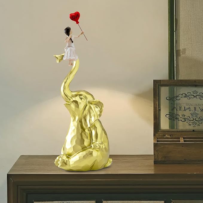 Elephant Statue Home Decor - Handmade Resin Sculpture Girl with Love Balloon Sitting on Elephant Figurines, Gifts for Women Girl Birthday Gold