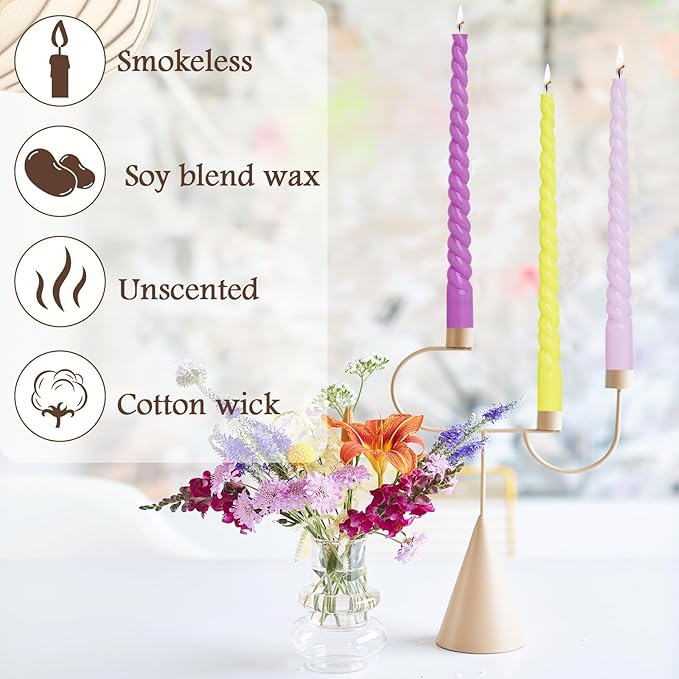 12 Inch Spiral Taper Candles, Smokeless Dripless Long Candle – Unscented Decorative Dinner Candles for Home, Wedding, Party, Table Decor, and Holiday Celebrations (6-Pack Assorted Colors A)