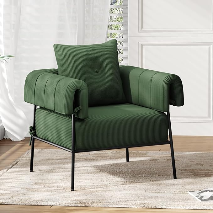 Furniliving Large Accent Chairs for Living Room Comfy Sofa Chairs with Pillow Lounge Chair Reading Chair with Metal Frame Upholstered Accent Chairs Room Side Chair, Soft Cushion, Corduroy, Green
