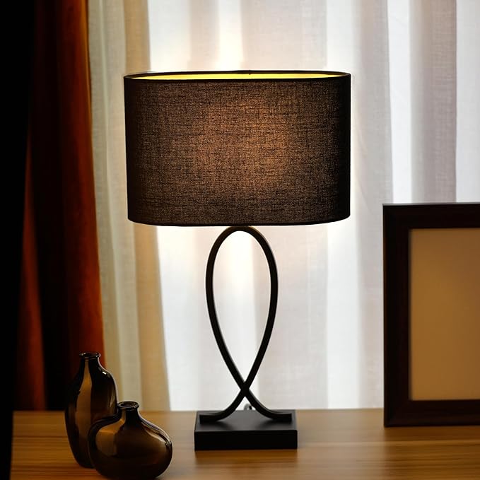 Modern Eye Protection Bedside Table Lamp, 11 x 7 x 19 Inch Farmhouse Table Lamps, Black Metal Base Table Lamp for Bedrooms and Office (Black Fabric Lampshade)