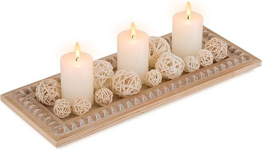Hanobe Decorative Wood Candle Tray: Rustic Rectangle Beaded Centerpiece Table Decorations Farmhouse Long Narrow Tealight Candle Holders Plate for Dining Room Coffee Table Decor