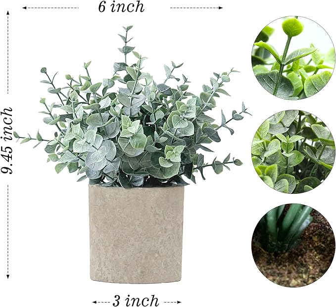 2 Pack Fake Plants Eucalyptus Small Potted Artificial Plants Indoor Greenery for Shelf Desk Home Bathroom Farmhouse Living Room Coffee Table Decor
