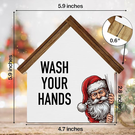 Funny Christmas Bathroom Decor, Santa Claus Wash Your Hands House Shaped Wood Block Sign Christmas Holiday Toilet Restroom Decor for Desk Table Shelf