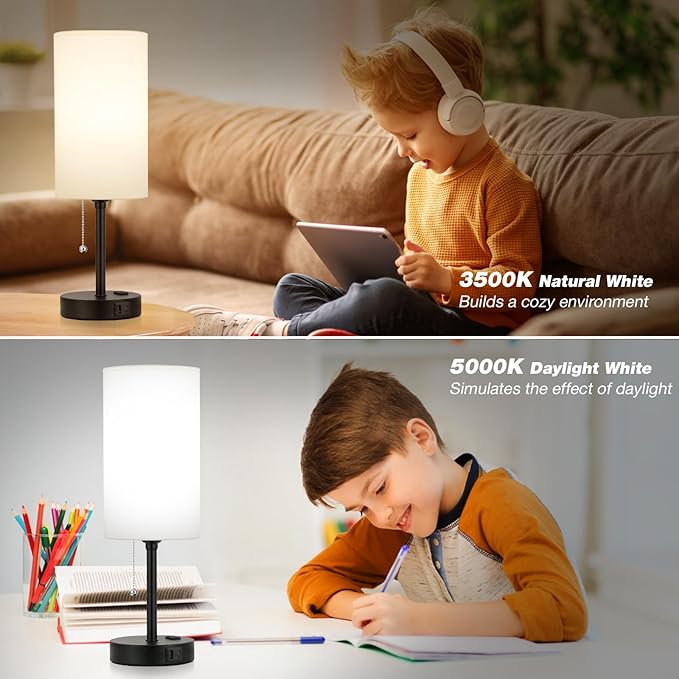 Dicoool 17Inch Tall Bedroom Lamps with USB C and A Ports 3 Color Temperatures - Pull Chain White Nightstand Bedside Table Lamp with AC Outlet, Side Lamp for Living Room End Table
