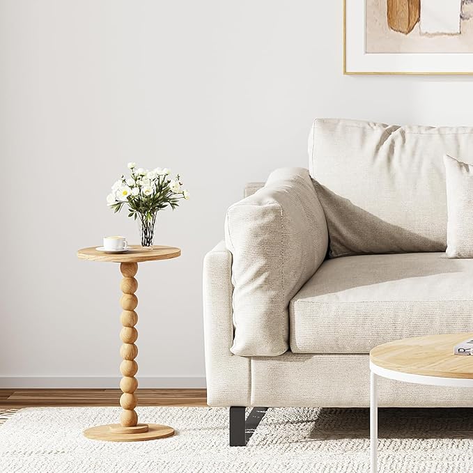 Round Side Table, Small Drink Table for Small Spaces, Pedestal End Table for Living Room, Modern Accent Nightstand with Solid Wood Leg for Bedroom, Corners and Office Natural Color UTBT005M