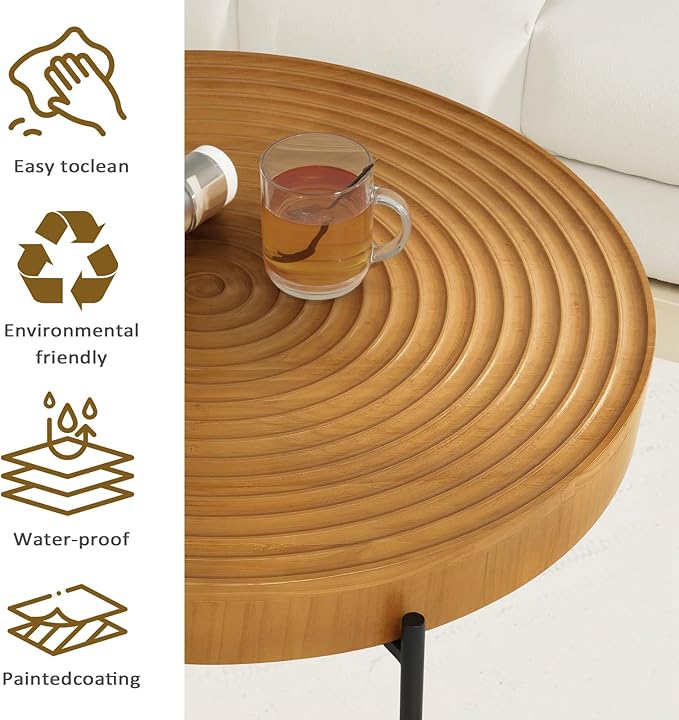 2 Piece Modern Farmhouse Living Room Coffee Table Set, Nesting Table Round Natural Finish with Handcrafted Wood Ring Motif, Wood Colour
