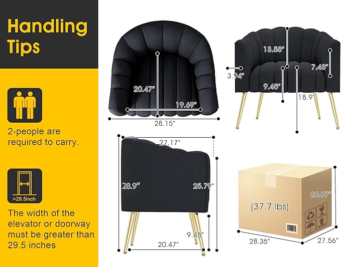 Oversized Pumpkin Couch Accent Chair, Modern Comfy Velvet Upholstered Barrel Chairs, Luxury Single Sofa Armchair for Living Room, Waiting Room, Office and Vanity, (Black)