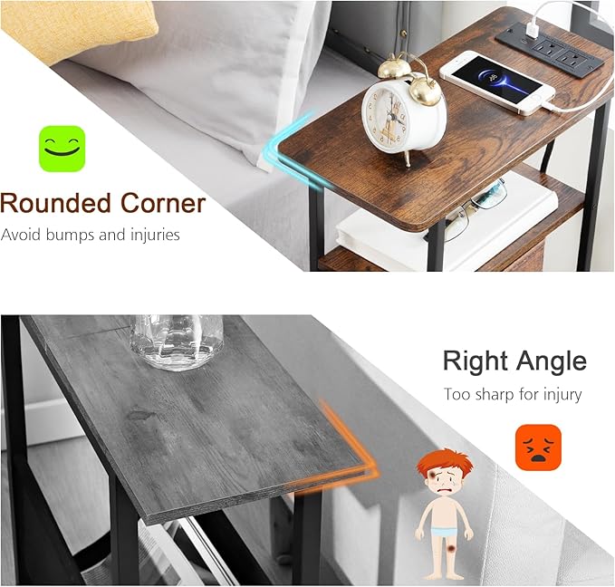 Narrow Nightstand with Charging Station, End Tables Living Room Set of 2, Skinny Side Table with Fabric Drawers, Small Sofa Table with LED Light for Bedroom, Rustic Brown, HETNDP02LPBR