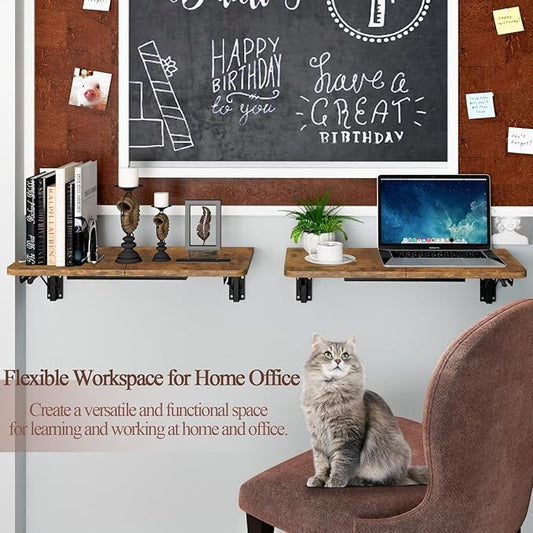 TEAMIX Wall Mounted Folding Table, Rustic Brown Floating Wall Desk for Small Spaces, Drop Leaf Dining Table for Kitchen Fold Down Laundry Shelf with Heavy-Duty Brackets