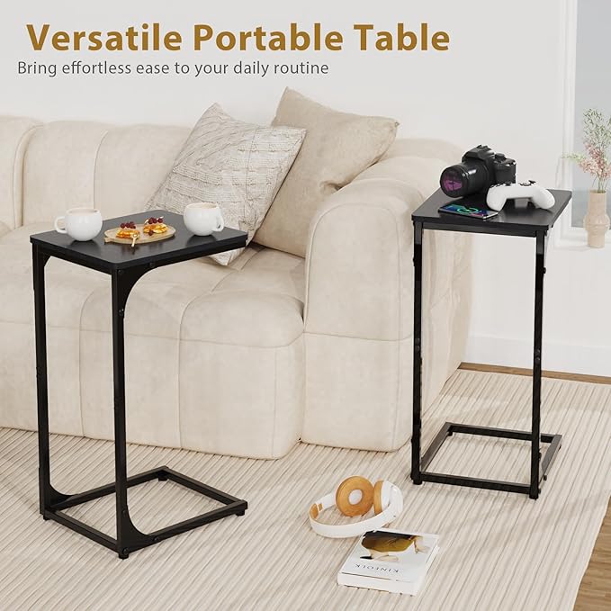 Narrow C Shaped End Tables Living Room TV Trays Set of 2, Small Thin Modern Side Table Skinny Slide Under Couch Tray Tables for Sofa Bedroom Small Space 11.8 inch Width, Black