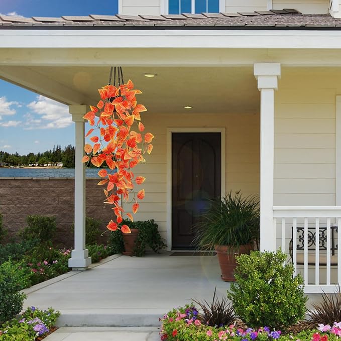 LOYWREE Small Artificial Plants Hanging Potted Fall Foliage - Orange Faux Ivy Vine & Pothos for Shelves. Ideal for Home, Office, Indoor & Outdoor Gardens (Black Pot)